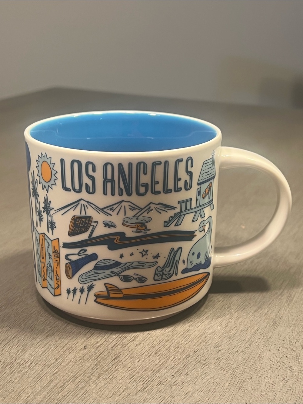 Starbucks Los Angeles White Mug with Blue Interior and Orange Accents